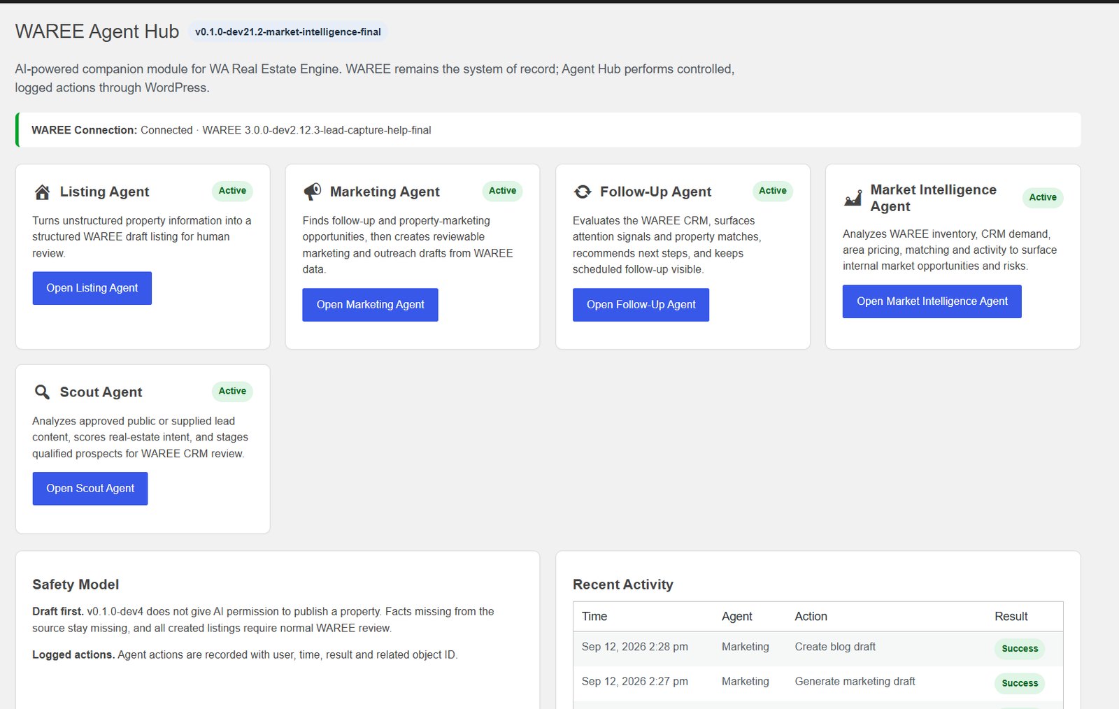 WAREE Agent Hub with Listing, Marketing, Follow-Up, Market Intelligence and Scout agents