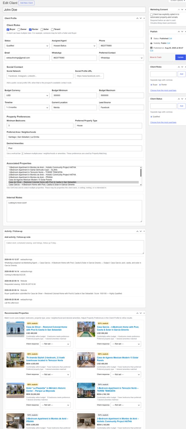 WAREE client CRM showing property preferences, activity and recommended property matches