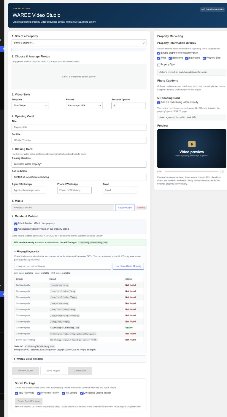 WAREE Video Studio interface for creating real estate property videos